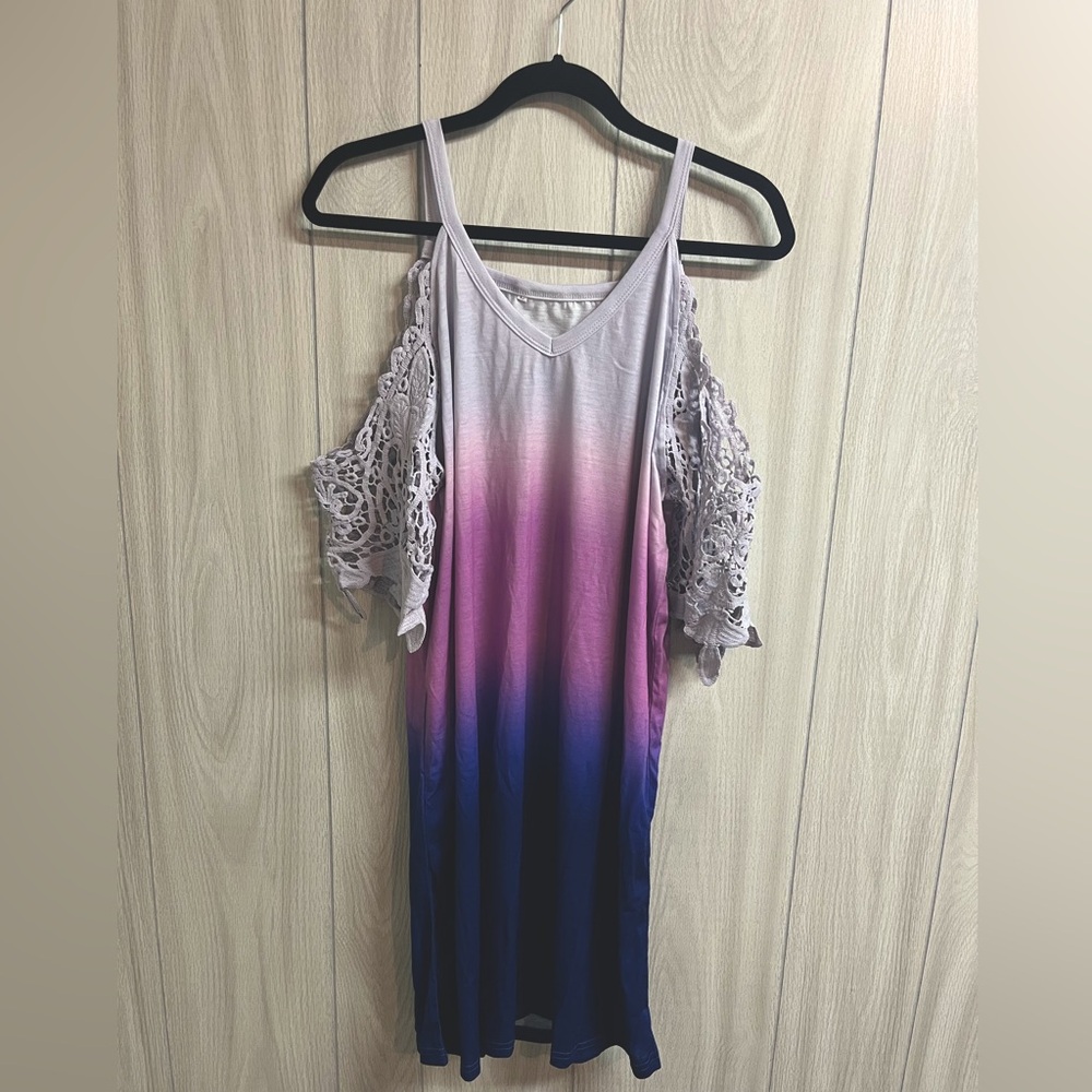 Gradient cold shoulder sundress with lace sleeves
